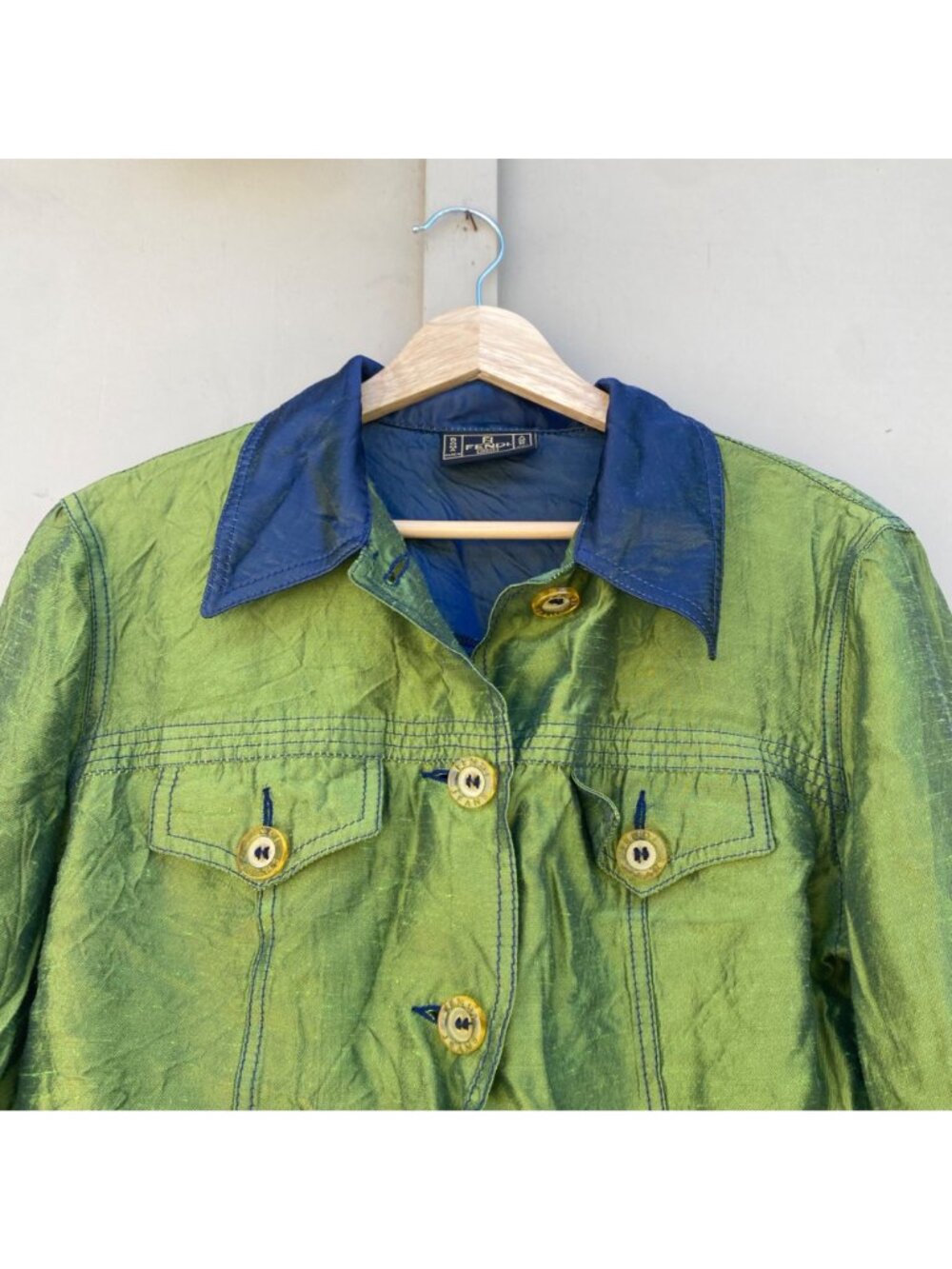Fendi Vintage 90s 2000s Y2K Button-Down Jacket Green Metallic - Picture 3 of 13